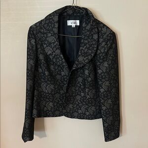 Le Suit Black Print Rounded Pleated Collar Shoulder Pads Blazer Size 16